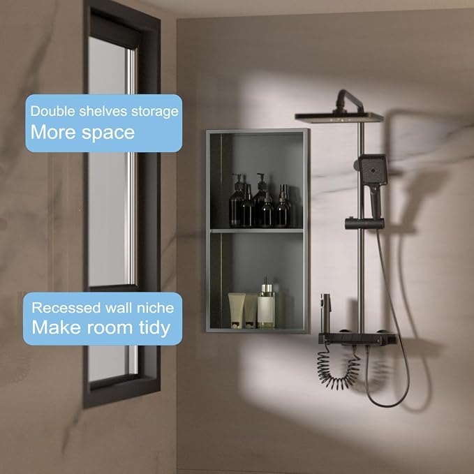 No Tile Ready Gunmetal Shower Niche, Stainless Steel Shower Wall Niche Inserts - Image 4