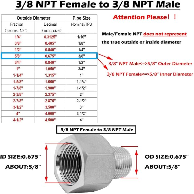 Beduan Stainless Steel NPT Reducer Adapter 3/8 Female to 3/8 Male Threaded - Image 3