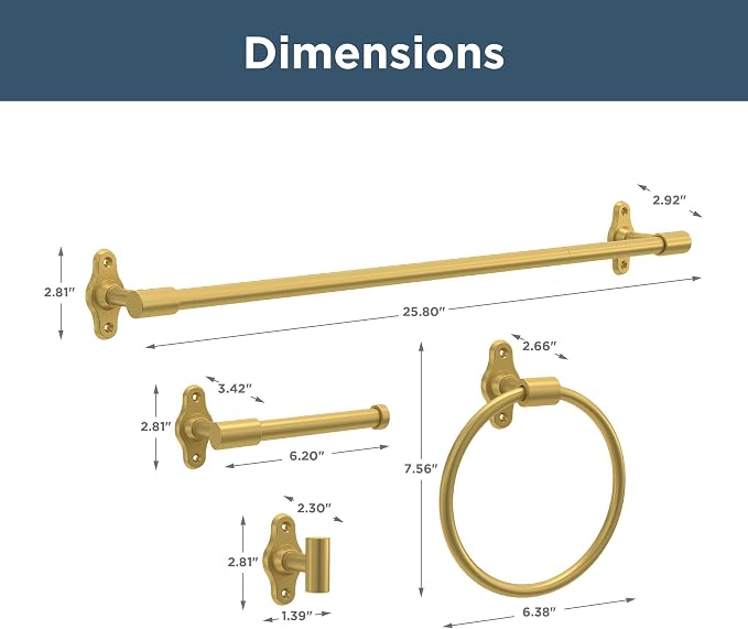 Franklin Brass Calloway 4-Piece Bathroom Set Satin Gold 18" + 6" Towel Rack - Image 6
