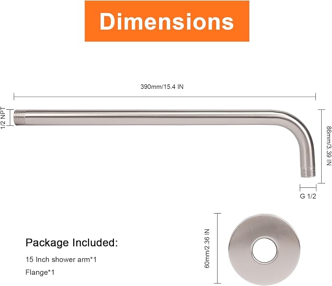HarJue Shower Arm with Flange and Teflon Tape, Wall Mounted Shower Pipe 304 - Image 2