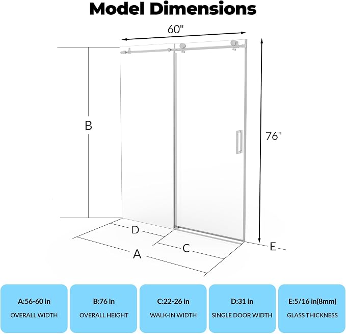 56-60" x 76" Frameless Sliding Shower Door, 8mm SGCC Tempered Clear Glass - Image 2