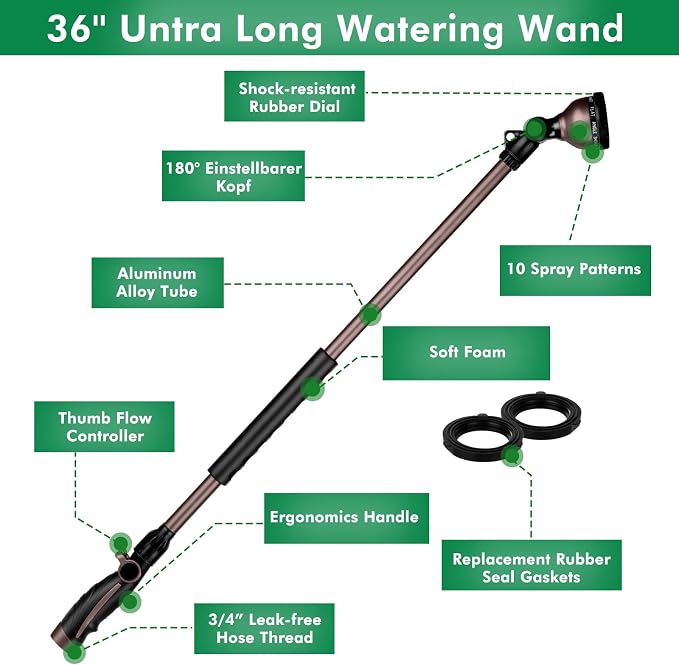 RESTMO 36”Long Watering Wand, 180° Swivel Head Metal Garden Hose Wand - Image 2