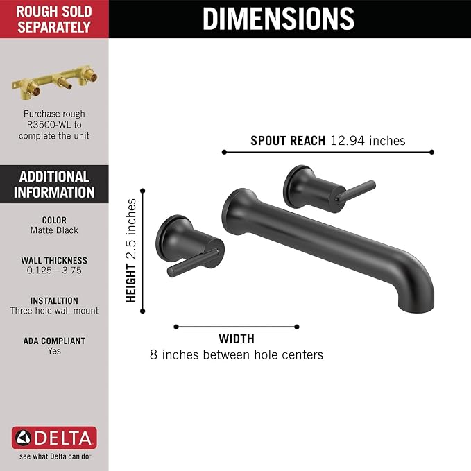 Delta Wall Mount Bathroom Faucet 3 Hole, Matte Black Bathroom Sink Faucet - Image 3