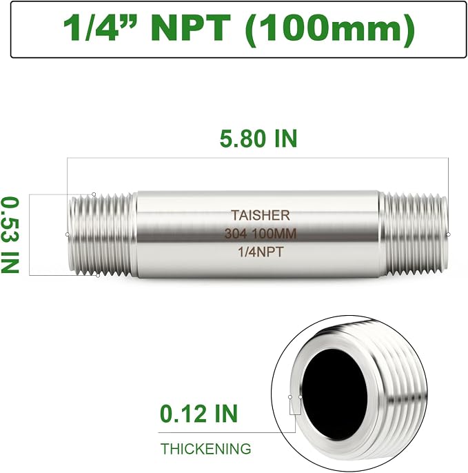 TAISHER 2PCS Stainless Steel Pipe Fittings, 1/4" NPT Male x 1/4" NPT Male - Image 2