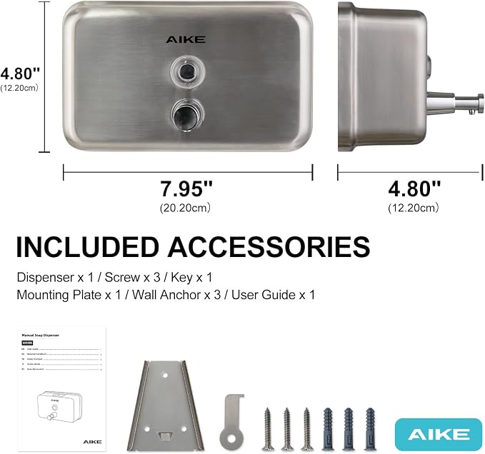 AIKE AK1005 Commercial Soap Dispenser – 37oz Capacity, Brushed Stainless Steel - Image 2