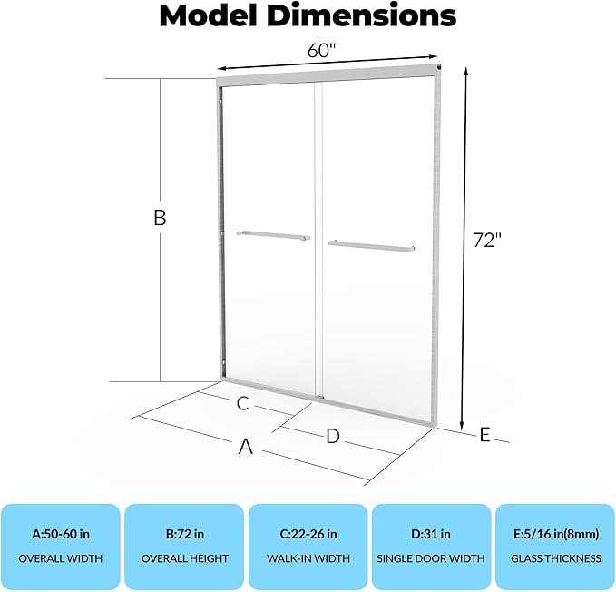50-60" Adjustable Width x 72" Height Sliding Shower Door, Aluminum Alloy Frame - Image 2