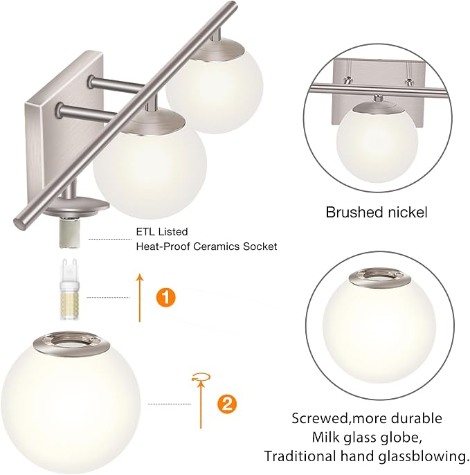 New Bathroom Vanity Light Fixtures 3 Lights Brushed Nickel Glass Shade Modern - Image 3