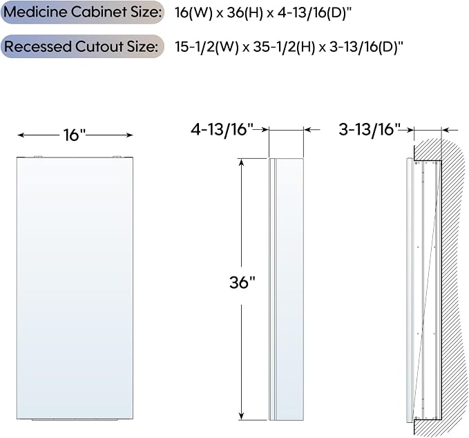 WELLFOR 16" x 36" Bathroom Medicine Cabinet, Anodized Chrome Aluminum Frame - Image 2
