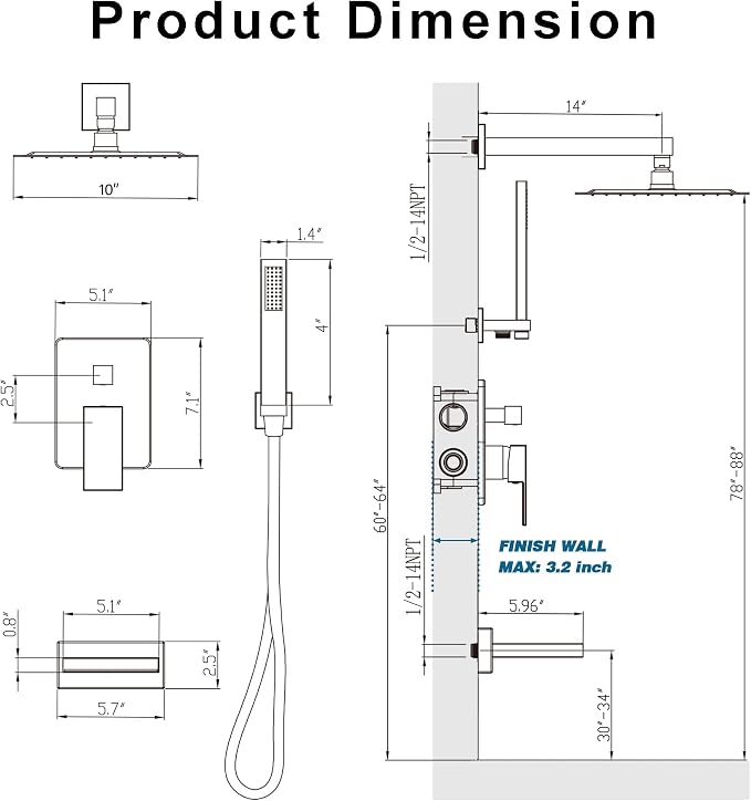 Gold Shower System with Tub Spout, All Metal Tub Shower Faucet Set with 10" - Image 7
