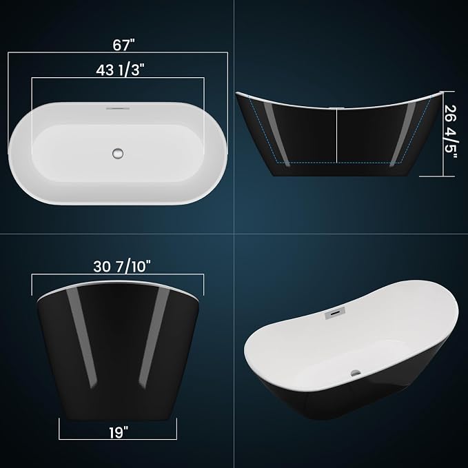 67" Deep Soaking Bathtub, Non-Slip Acrylic Tub - Image 3