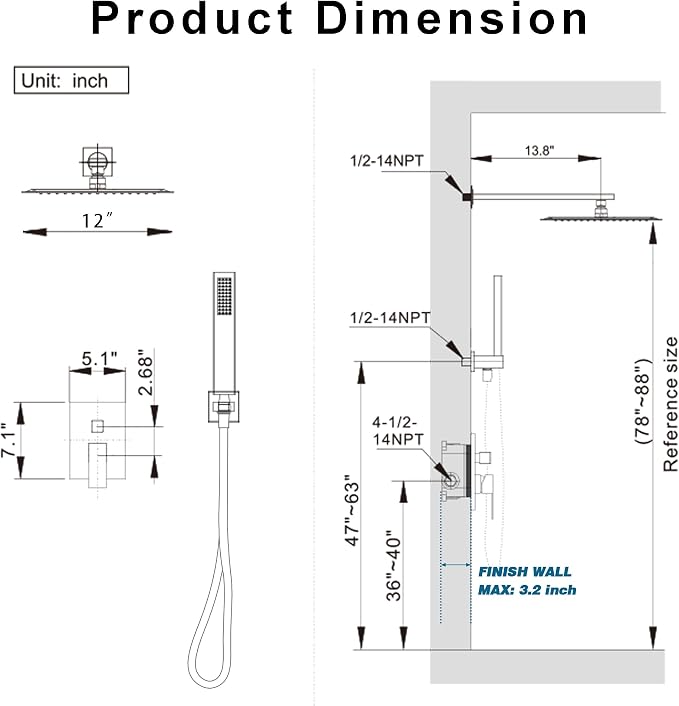 Shower System, Wall Mounted High-Pressure Showerhead Combo Set Included Valve - Image 7