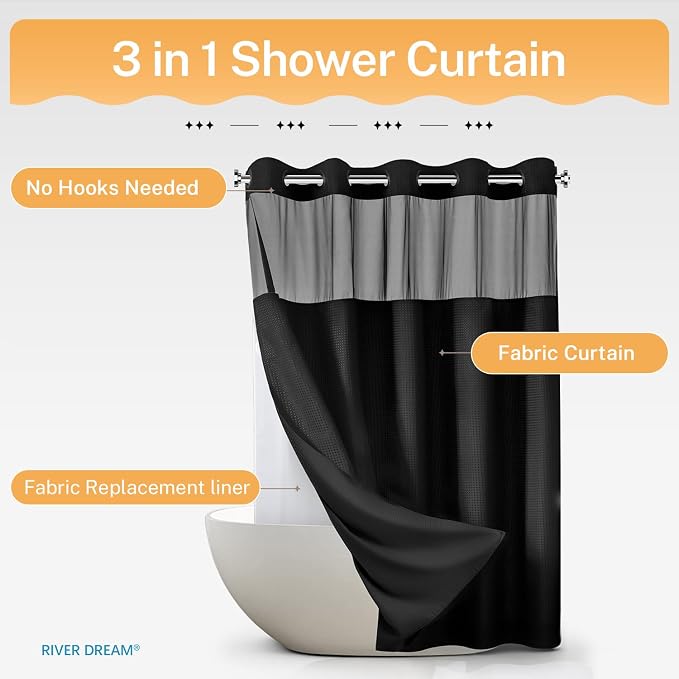River Dream Black Shower Curain No Hooks Dotted Waffle Weave Shower Curtain - - Image 7