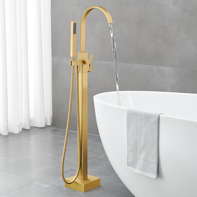 Freestanding Bathtub Faucet Floor Mount Tub Filler Brushed Gold Brass Bathroom - Image 3