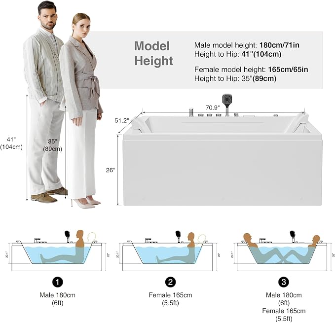 Empava PRO Series 71"x51" Jetted Bathtub, Alcove Spa Tub | 16 Hydro + 24 Air - Image 9