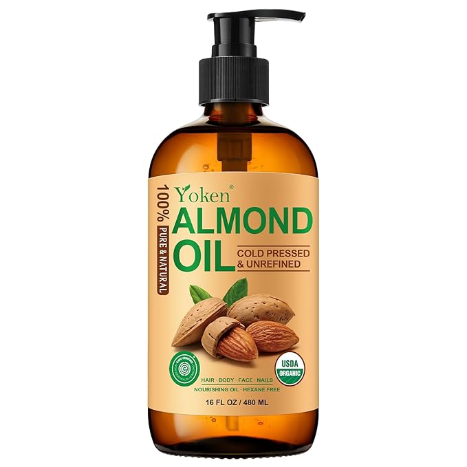 Organic Almond Oil 16 fl oz, USDA 100% Pure Cold Pressed Almond Oils in Glass by Yoken