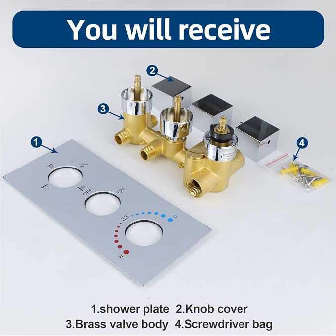 HOMEDEC Brass 4 Ways Shower Diverter Valve, Thermostatic 4 Outlets 3 Handles - Image 5