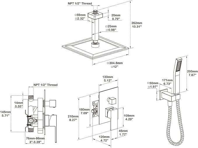 Shower System 12 Inches Rain Shower Combo Set Chrome Ceiling Mount Shower - Image 2