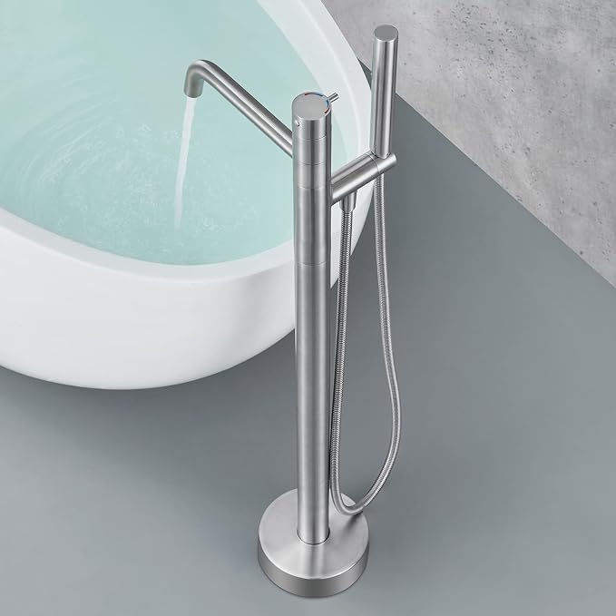 Freestanding Bathtub Faucet Floor Mount Tub Filler Brushed Nickel Brass Single - Image 9