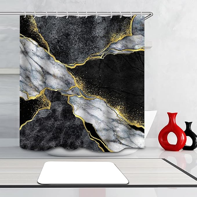 Domoku Black Gold Marble Shower Curtain, Modern Abstract Design, Waterproof - Image 7