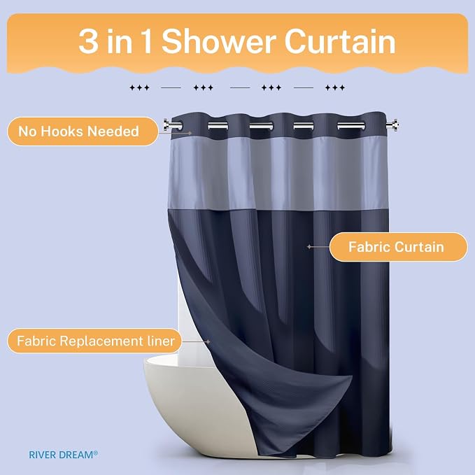 River Dream Heavyweight Navy Blue No Hooks Required Dotted Waffle Weave Shower - Image 7