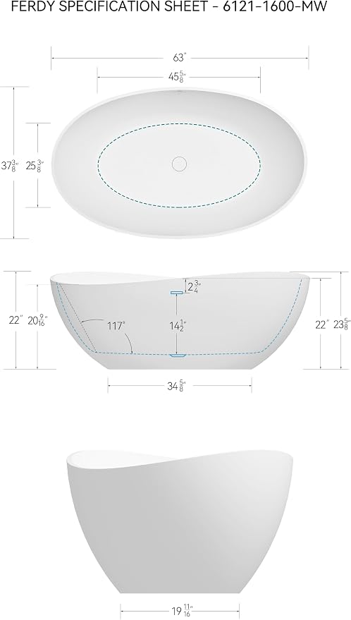 FerdY Lamu 63" Stone Resin Freestanding Bathtub, Gracefully Shaped Freestanding - Image 8