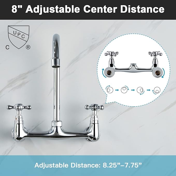 Commercial Brass Wall Mount Faucet, 2 Handles, 8 Inches Center, 360 Swivel - Image 3
