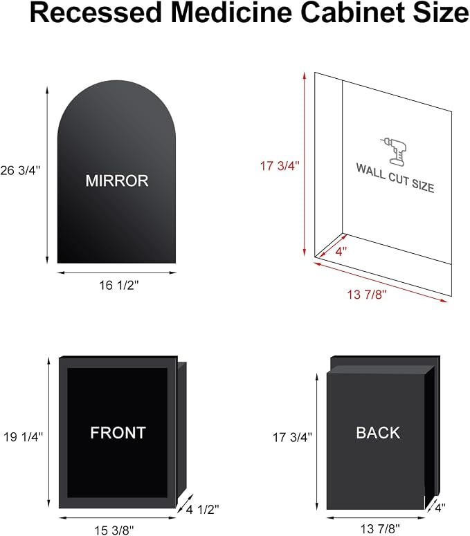 Recessed Medicine Cabinet for Bathroom, Brushed Black Arched Medicine Cabinet - Image 2
