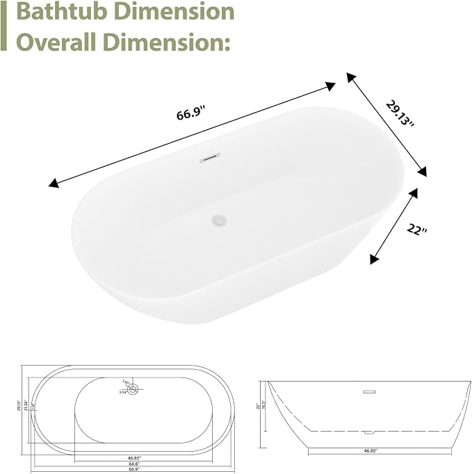 Mocoloo 67" Acrylic Freestanding Bathtub Contemporary Soaking White Bath Tub - Image 7