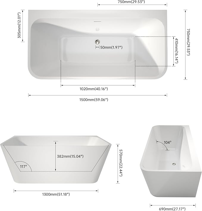 59" Acrylic Back-to-Wall Bathtub, Freestanding Bathtubs, Stand Alone Tub - Image 4