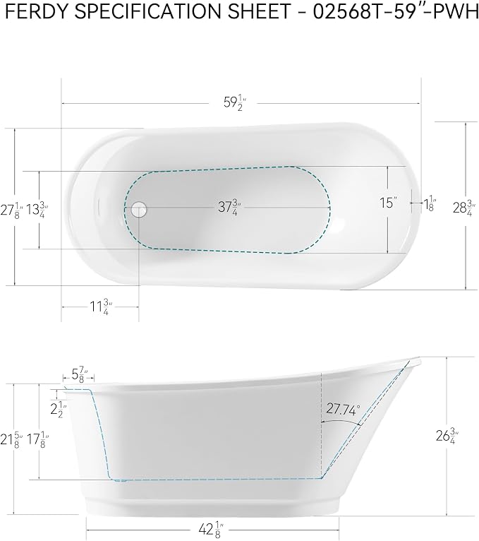 FerdY Langkawi 59" Acrylic Freestanding Bathtub, cUPC Certified, Polished White - Image 6