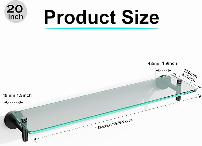 Glass Shelves for Bathroom, 20-Inch Matte Black Floating Bathroom Shelf - Image 2