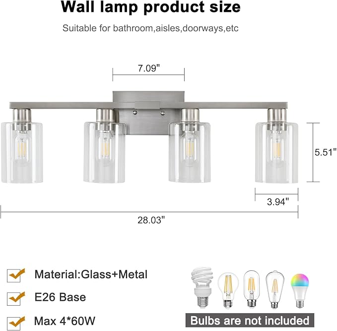 4 Light Bathroom Light Fixtures, Brushed Nickel Modern Bathroom Vanity Light - Image 2