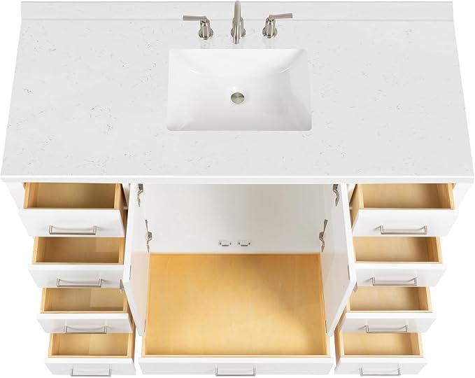 ARIEL Cambridge 54" White Bathroom Vanity, 1.5" Edge Carrara White Quartz - Image 4