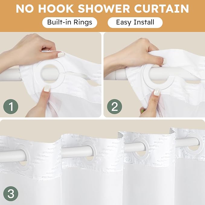 No Hook Shower Curtain and Snap in Liner Set White Tufted Chevron Striped Cloth - Image 2