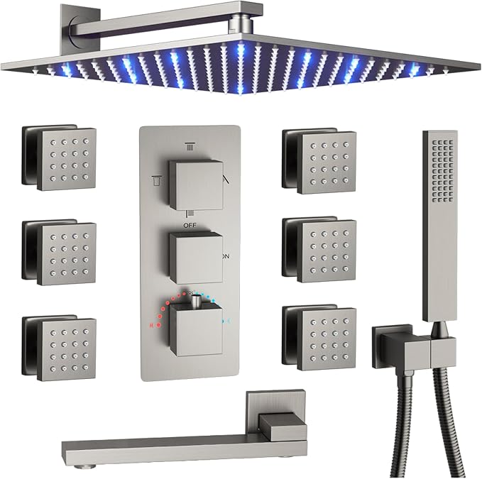 Brushed Nickel 4 Way Full Body Thermostatic Shower Faucet System 12 Inch Luxury by KATAIS