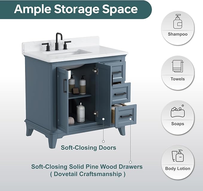 36 Inch Bathroom Vanity with Sink, Fully Assembled Bathroom Vanities with - Image 6