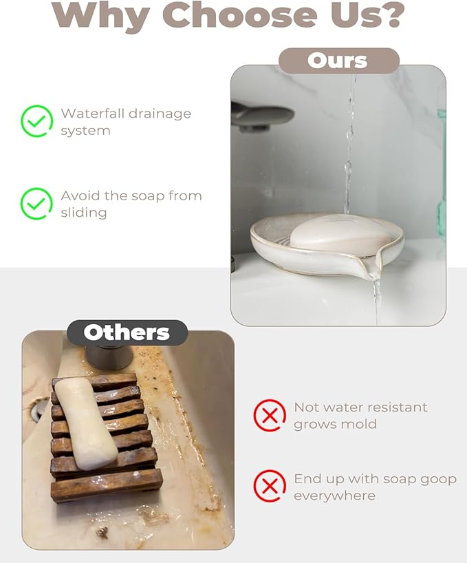Soap Dish with Drain, Ceramic Soap Holder Self Draining Bar Soap Saver with - Image 6