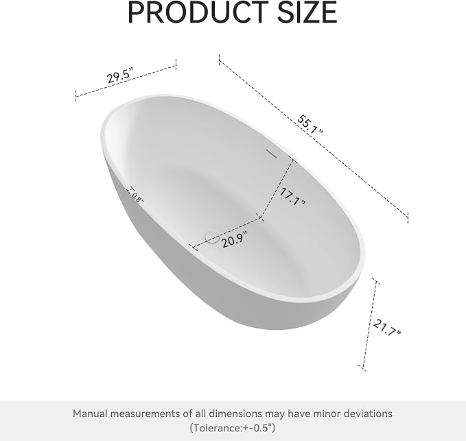 55" Premium Solid Surface Freestanding Bathtub, Upgraded Oval Stone Resin Tub - Image 4