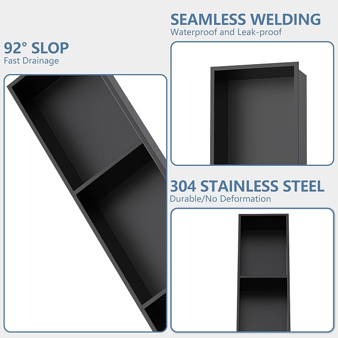 Homevacious 8" X 36" Stainless Steel Shower Niche No Tile Needed Matte Black 3 - Image 5