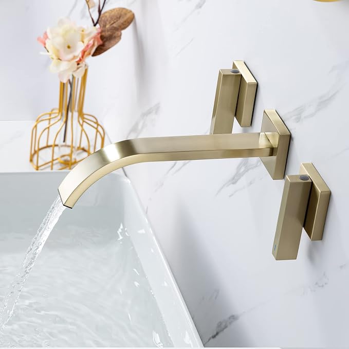 Brass Wall Faucet Brushed Gold Wall Mounted Bathroom Faucet, Wall Mount - Image 5