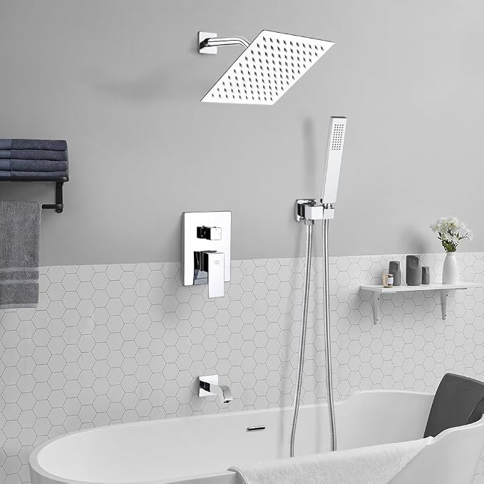 POP SANITARYWARE All Metal Shower Tub Faucet Set Chrome Bathroom 8 Inch Shower - Image 2