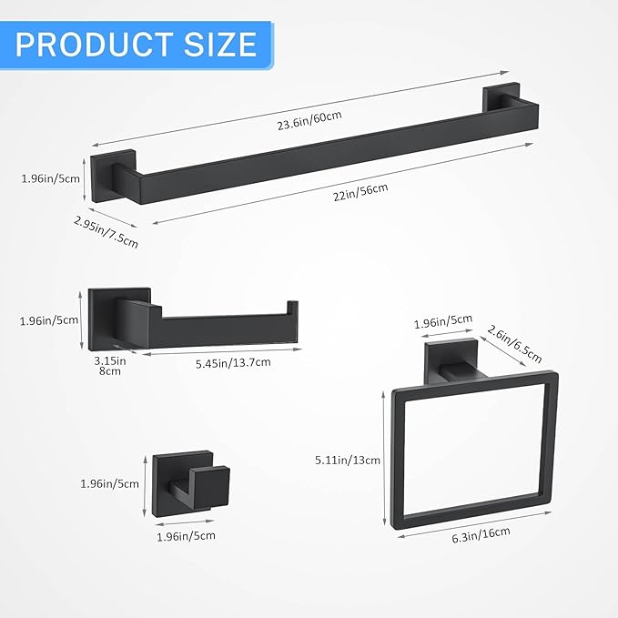 5 Pieces Towel Bar Set Matte Black Bathroom Hardware Accessories Set Include - Image 6