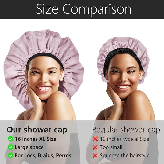 Auban Extra Large Shower Cap, Double-Layer Waterproof Reusable, XL Satin Lining - Image 4
