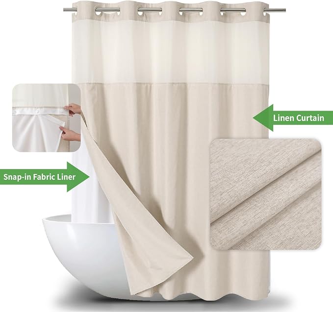 Long No Hooks Needed Linen Textured Shower Curtain - Image 2