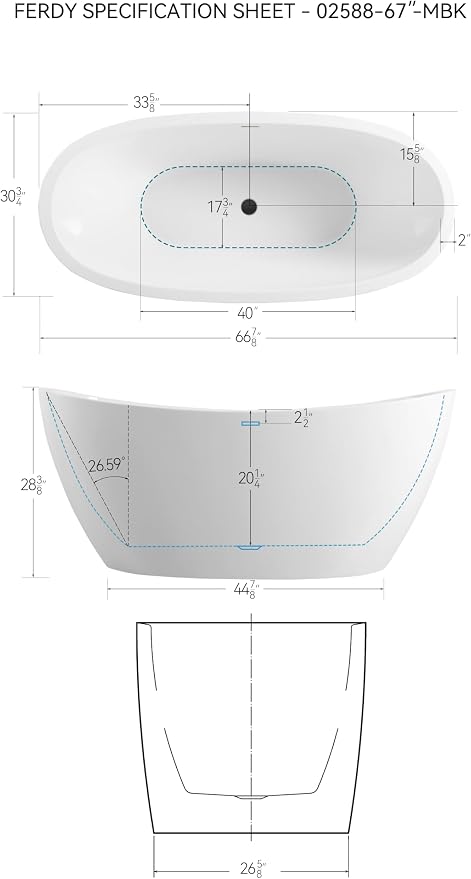 FerdY Naha 67" Freestanding Bathtub, Curve Edge Soaking Bathtub - Image 7