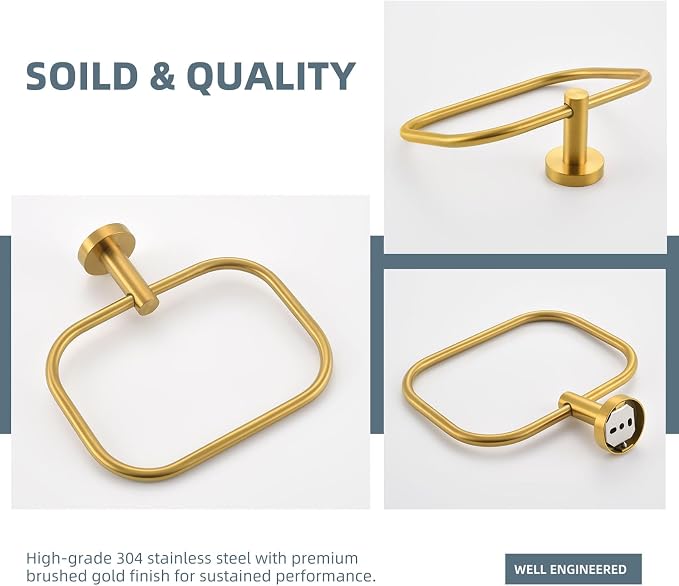 Angle Simple Square Towel Ring Brassy Gold, SUS 304 Stainless Steel Swivel Hand - Image 8