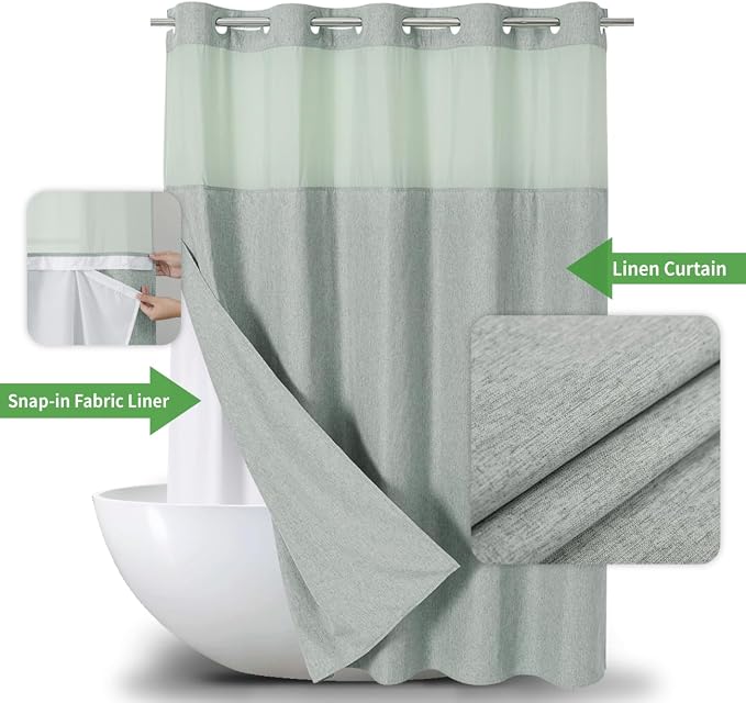 Long No Hooks Needed Linen Textured Shower Curtain - Image 2