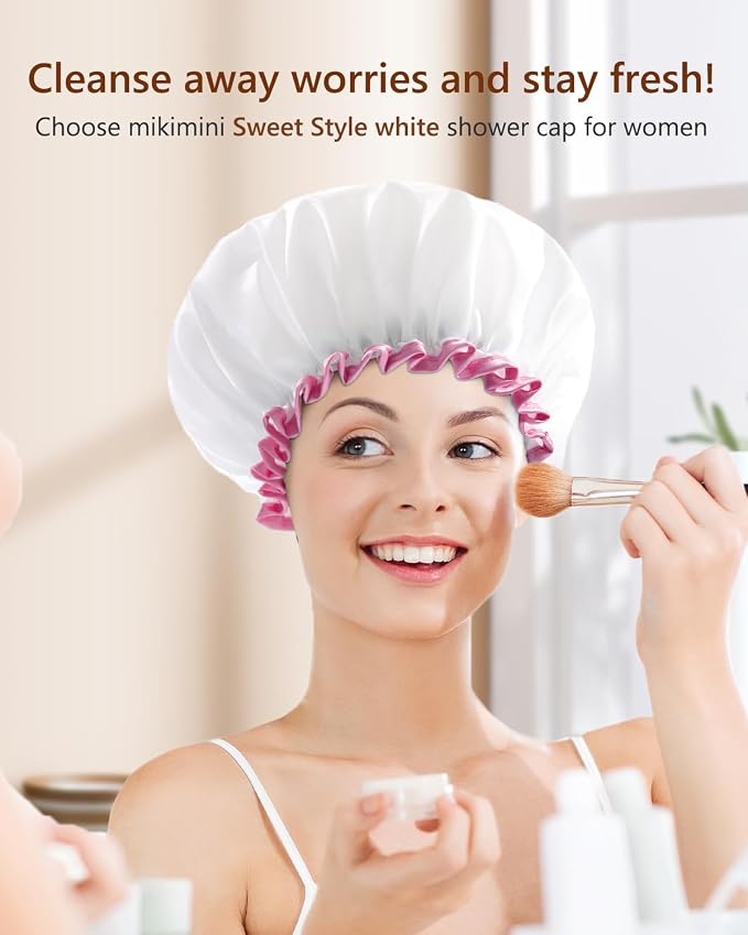 mikimini White Shower Cap Pack of 2 Waterproof Reusable Double Layers Bathing - Image 5