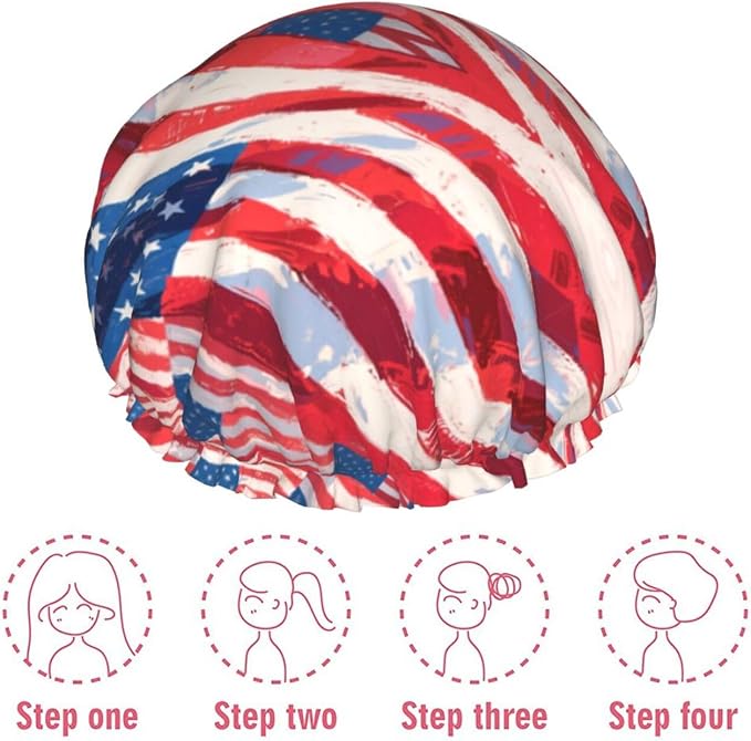 Double Layers Shower Cap for Women Girl, USA Flag Grunge Old American Flag Art - Image 7
