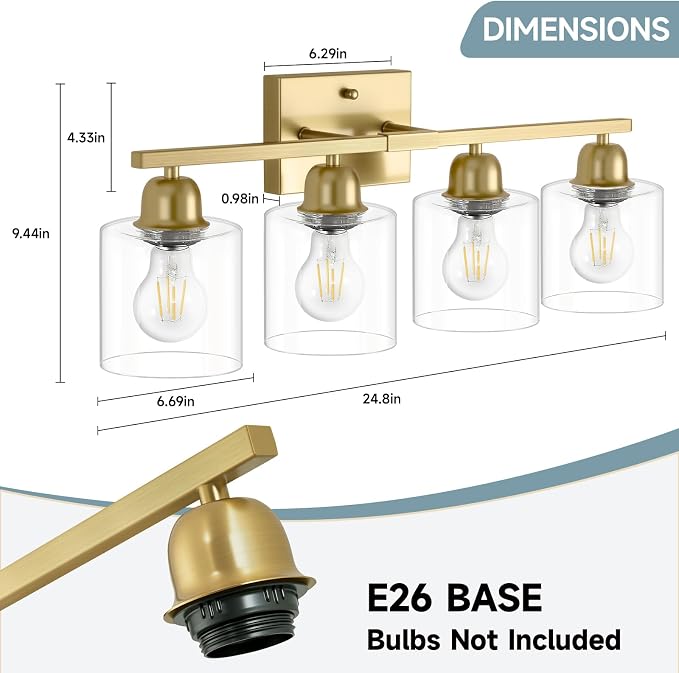 Modern Brushed Gold 4 Light Bathroom Light Fixtures, 24 inch Vanity Lights - Image 2